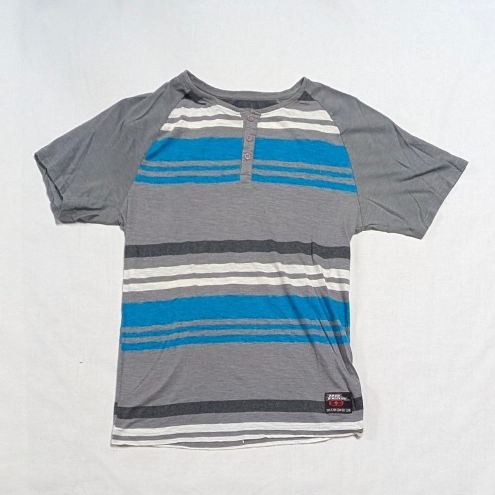 No Fear Mens Grey Blue Striped Raglan Short Sleeve Henley Shirt Medium